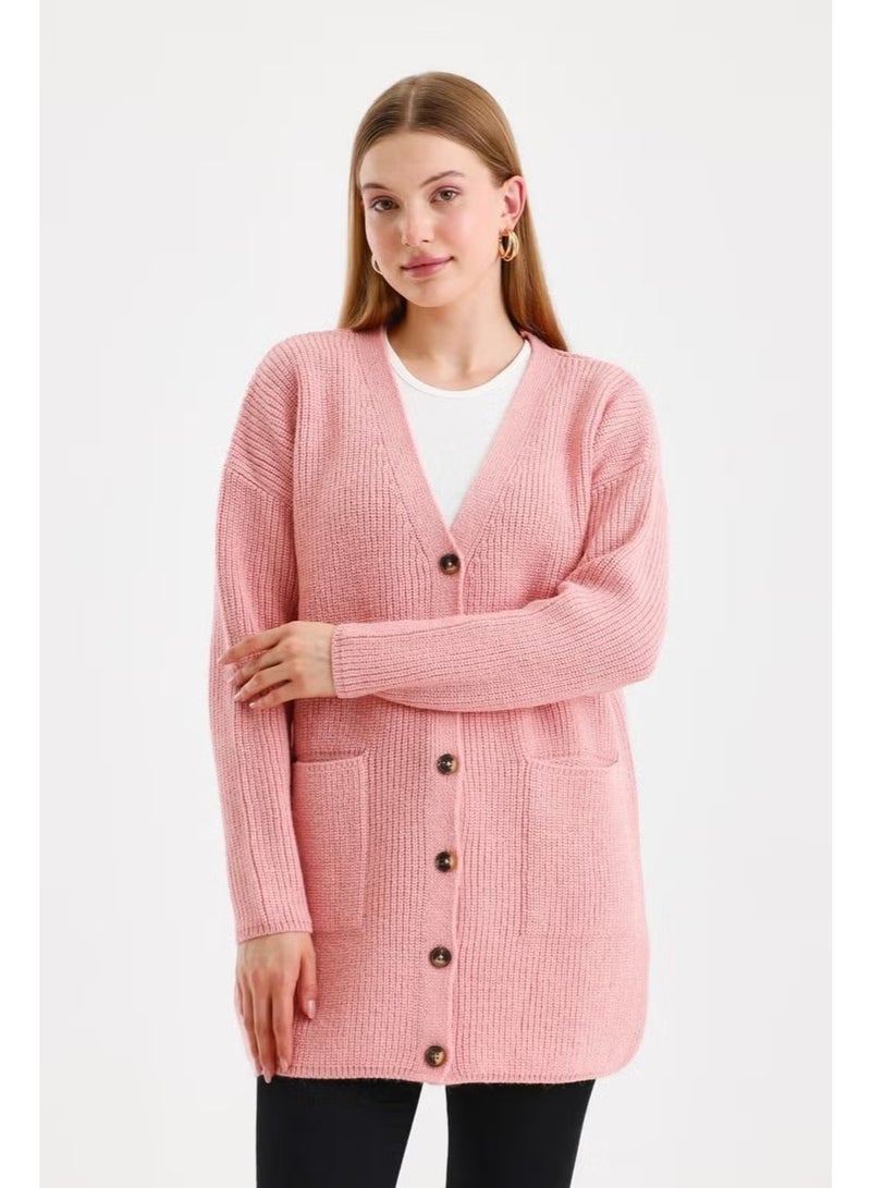 Odelon Women's Buttoned Oversize Pocket Long Pink Knitted Cardigan - Image 3